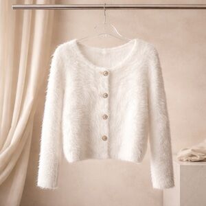 NWOT SAKS White Fuzzy Button-Front Women's Cardigan Sweater